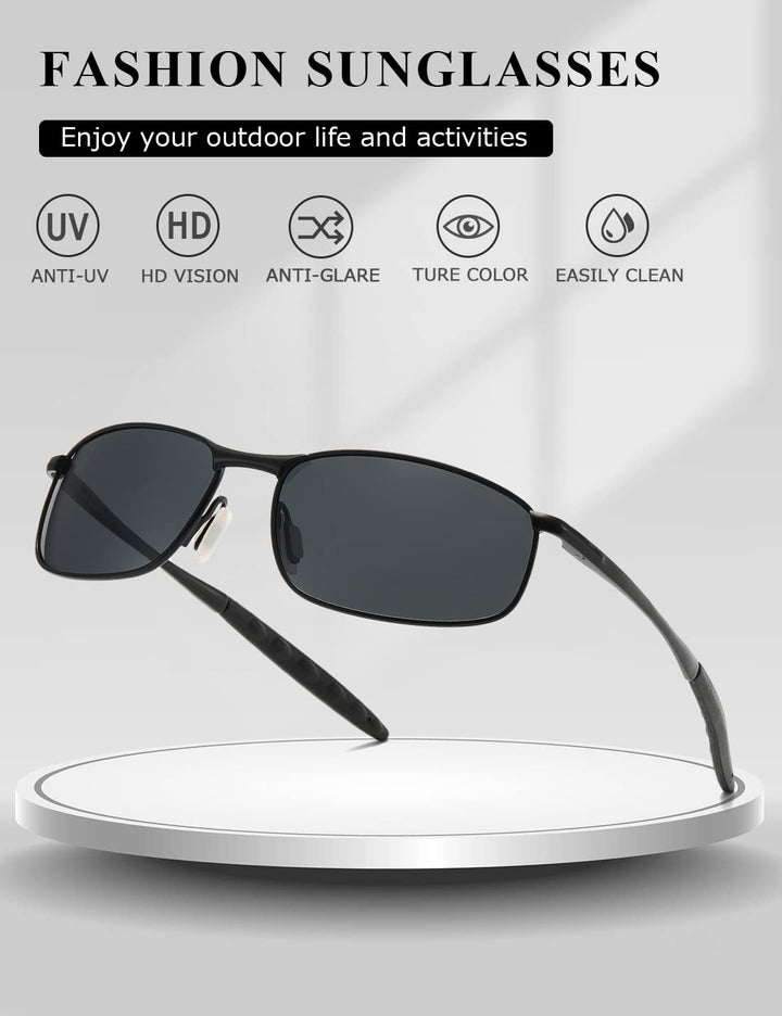 Polarized Sunglasses For Men Rectangle Metal Frame Retro Sun Glasses AE0395 (Black, 59)