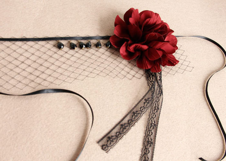 Masquerade Mesh Veil Headband with Burgundy Flower Black Lace Gothic Forehead Headdress Half Face Eye Veil for Women Prom Ball Costume Party