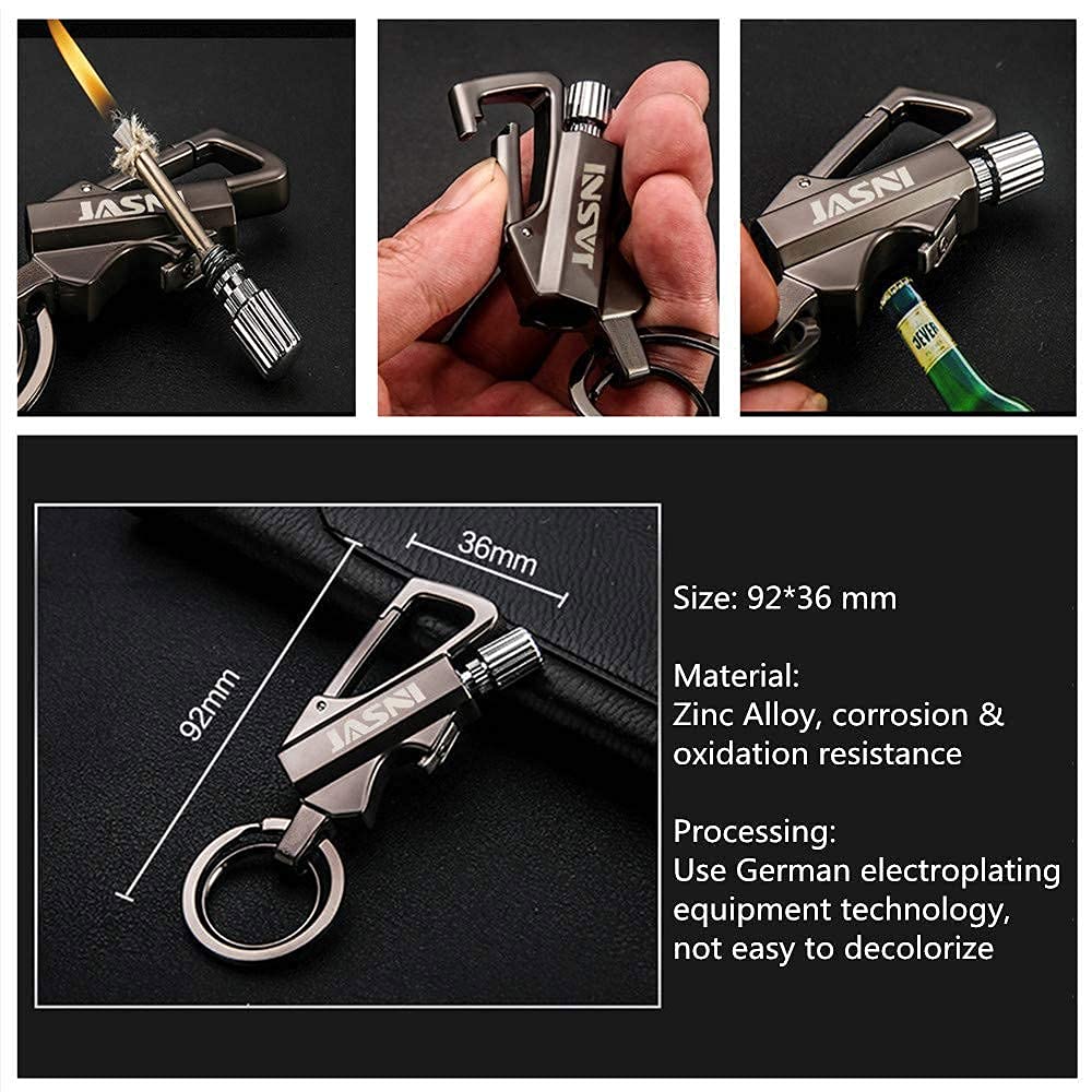 Keychain Multitool with Flint Metal Matchstick Fire Starter Bottle Opener Mountaineering Buckle Mini Flashlight Car Key Rings Kerosene Refillable Lighter EDC Gift Ideas Emergency