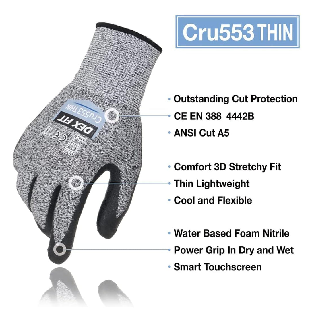 A5 Precision Cut Resistant Gloves Cru553 Thin, Firm Grip, 3D-Comfort Fit, Lightweight &amp; Durable, Touchscreen Compatible for Precision Assembly; Grey S (7) 1 Pair