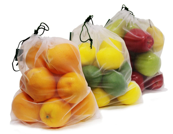 Reusable Mesh Produce Bags - Washable Set of 9 Premium Bags, TRANSPARENT Lightweight, Strong SEE-THROUGH Mesh for shopping, transporting and storing fruits and veggies.