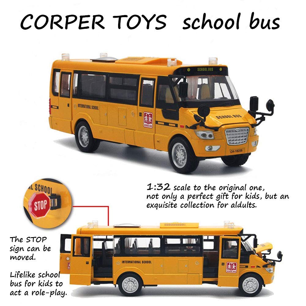 School Bus Toy Die Cast Vehicles Yellow Large Alloy Pull Back 9'' Play Bus with Sounds and Lights for Kids