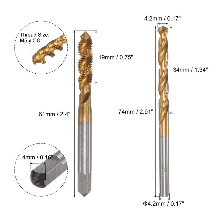 M5 x 0.8 Spiral Flute Tap and 4.2mm Twist Drill Bit Set, Metric Titanium Plated 6542 High Speed Steel Machine Threading Screw Thread Tap Drilling Tool