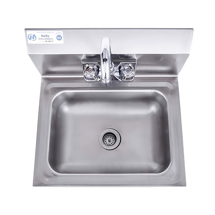 HALLY Stainless Steel Sink for Washing with Faucet, NSF Commercial Wall Mount Hand Basin for Restaurant, Kitchen and Home, 17 x 15 Inches