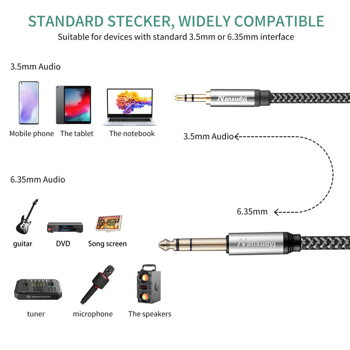 6.35mm Male to 3.5mm Male 30FT Stereo Audio Cable Nanxu