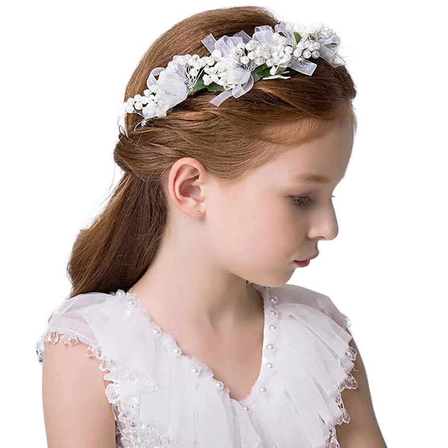 Girls Headpiece White Pearl Rhinestone Flower Headband Crystal Communion Hair Accessories Bridal Prom Photography for Women and Girls