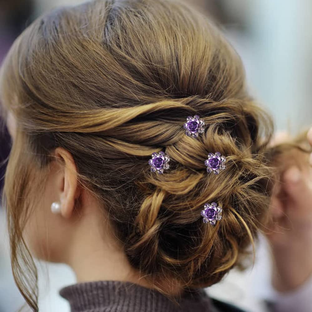 Purple Set: Insowni 40Pcs Bridal Wedding Rhinestone Rose Flower U-Shaped Hair Pins &amp; 6Pcs Twist Pearl Hairpins Headpiece Set In Gift Box For Women Girls Bridesmaid (Purple Set)