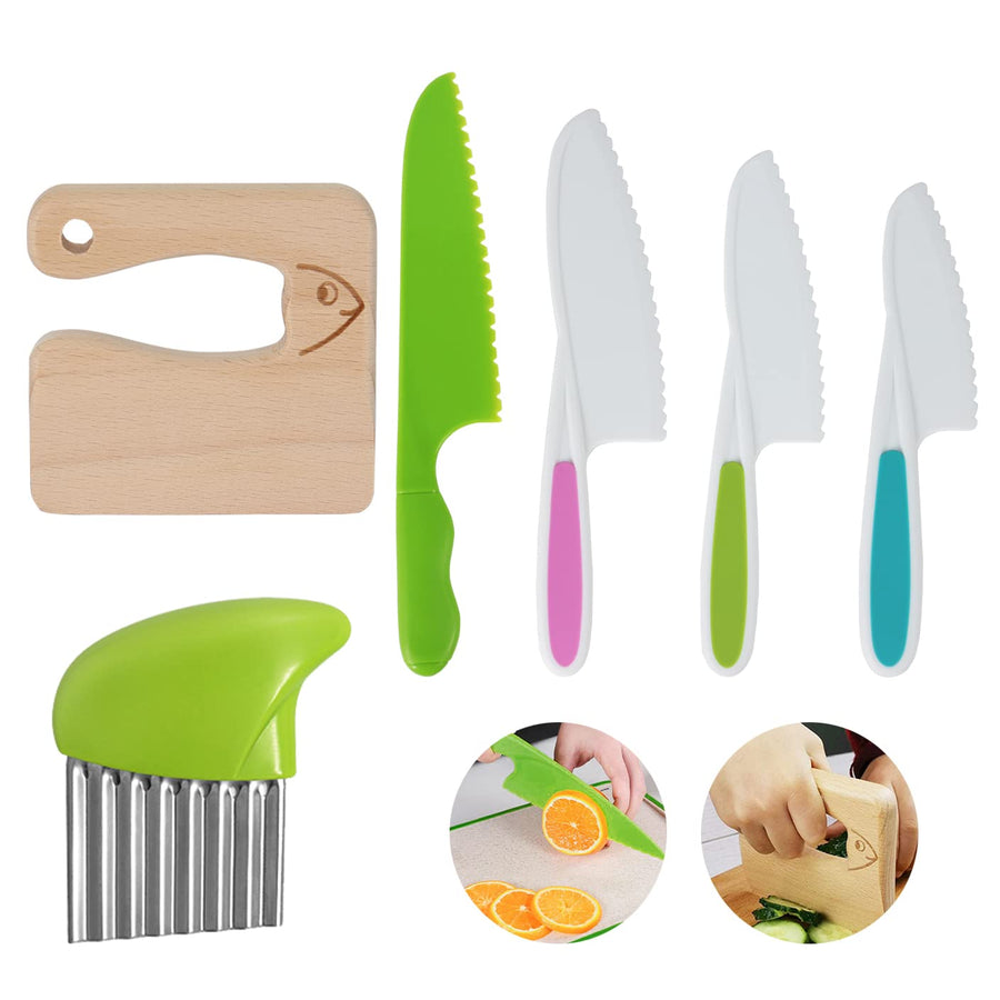 6 Pieces Wooden Kids Knife for Cooking, Kid Safe Knives Cutting Veggies Fruits Include Wood Kids Knife Plastic Potato Slicers Serrated Edges Knives Sets for Toddler Kitchen Children