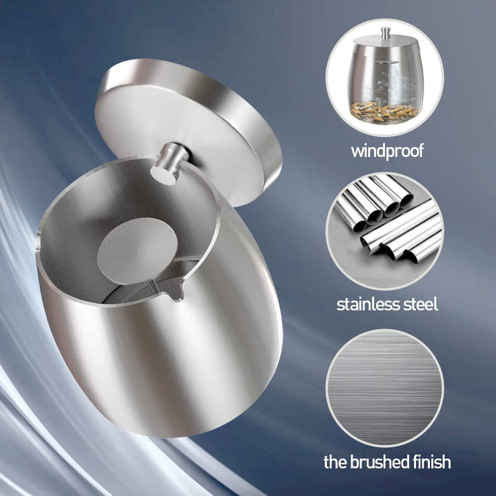 Outdoor Ashtray With Lid For Cigarettes And Cigar Smokers Windproof Rainproof Spill Proof Smokeless Ashtray For Indoor Outside Patio ( Large), Silver