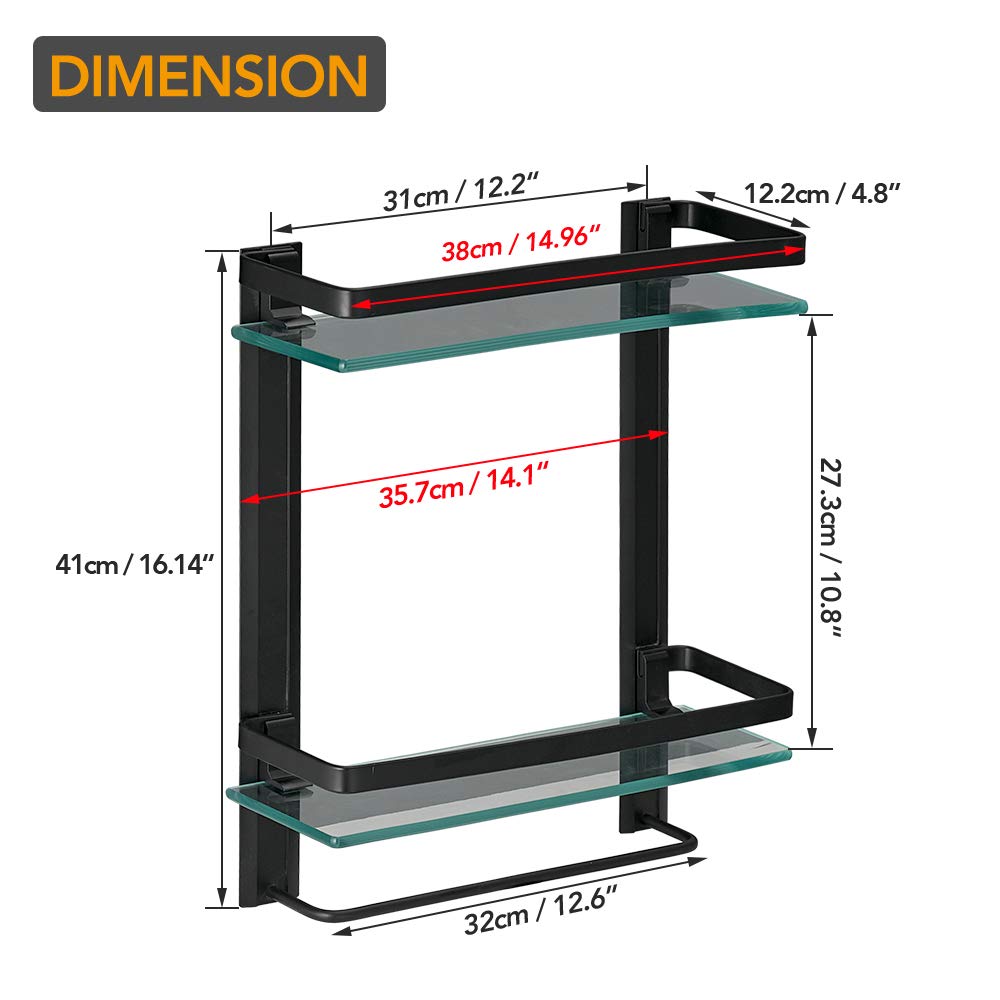 Heavy Duty Lavatory Glass Bathroom Shelf, 2 Tier Tempered Glass Shower Shelves with Towel Bar Wall Mounted, Shower Storage 15 by 5 inches, Matte Black Finish/Aluminum
