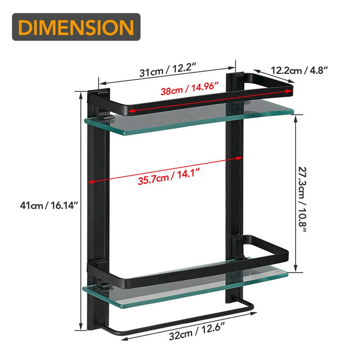 Heavy Duty Lavatory Glass Bathroom Shelf, 2 Tier Tempered Glass Shower Shelves with Towel Bar Wall Mounted, Shower Storage 15 by 5 inches, Matte Black Finish/Aluminum