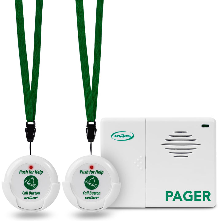Smart Caregiver Two Call Buttons &amp; Wireless Caregiver Pager for Fall Prevention and Elderly Assistance | Caregiver Call Button with Wearable Lanyard | Nurse Call Alert System with Up to 300&#39; Range