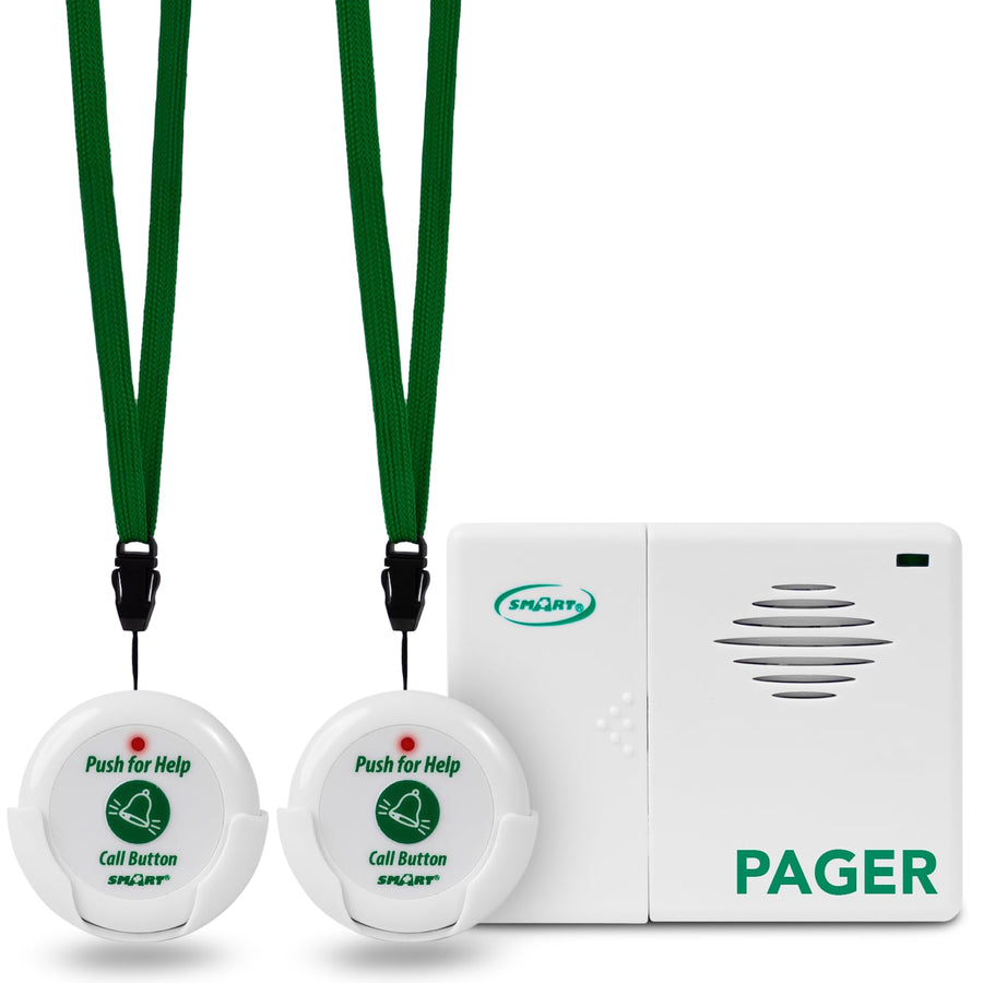 Smart Caregiver Two Call Buttons & Wireless Caregiver Pager for Fall Prevention and Elderly Assistance | Caregiver Call Button with Wearable Lanyard | Nurse Call Alert System with Up to 300' Range