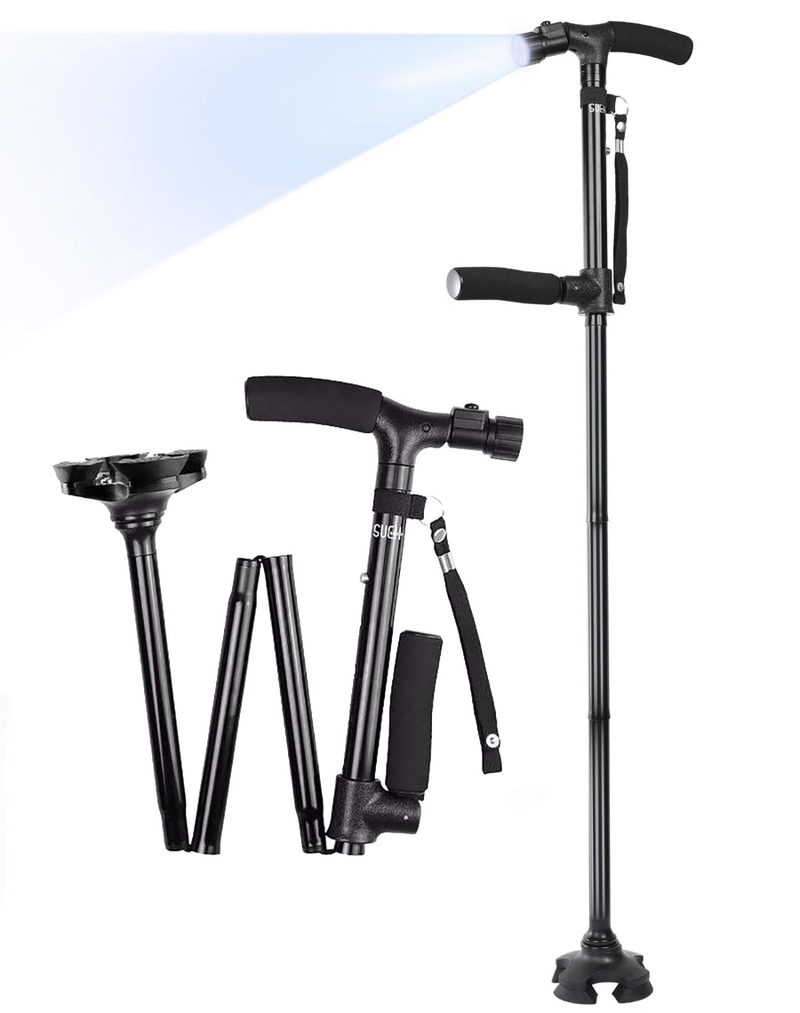 Folding Walking Cane with LED Light for Men and Women, 5 Heights Adjustable, Collapsible Elderly Walking Stick with Side Handle, Black
