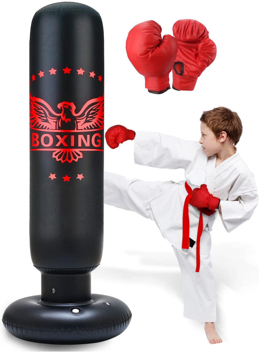 Inflatable Punching Bag for Kids 63 inch Boxing Punching Bag for Kids with Gloves, Punching Bag with Stand Adult Bounce Back Boxing Bag for Practicing Karate, Taekwondo, MMA (Red Gloves)