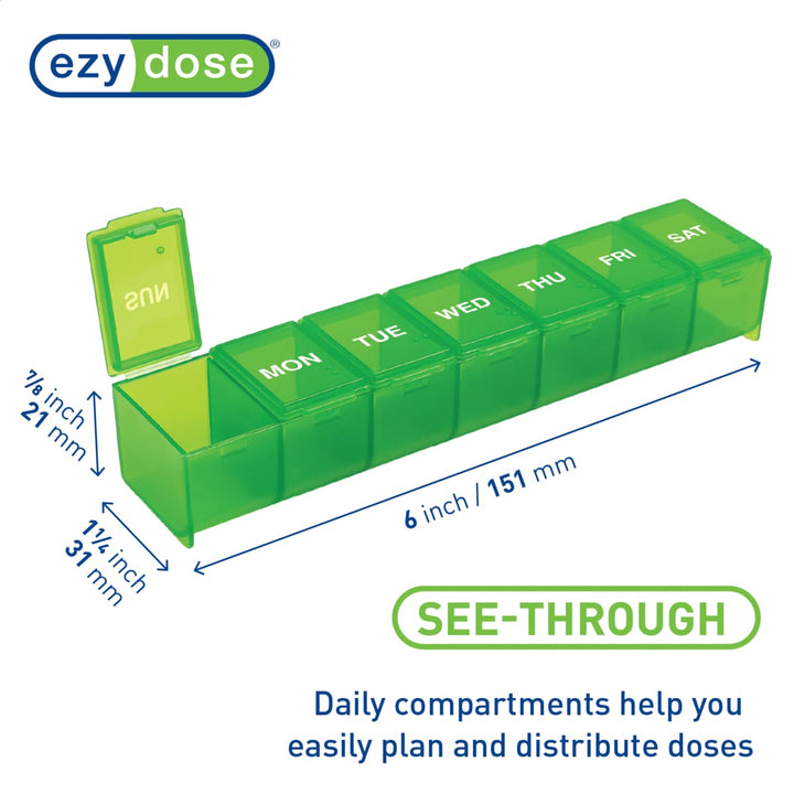 EZY Dose 7-day Pill Reminder, Large Size: 6 Inches L X 1 3/8 Inches W X 7/8 Inches H - Color Will Vary