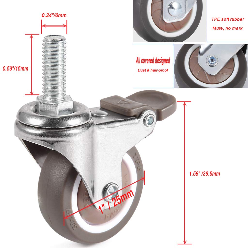 4 Pcs 1&#39;&#39; Swivel Threaded Stem Casters, TPE Mute Crib Caster, M6×15 Stem Caster Wheels with Brake, Replacement for Baby Bed, Cabinet, Table, Shelf, Total Load Capacity 99Lbs