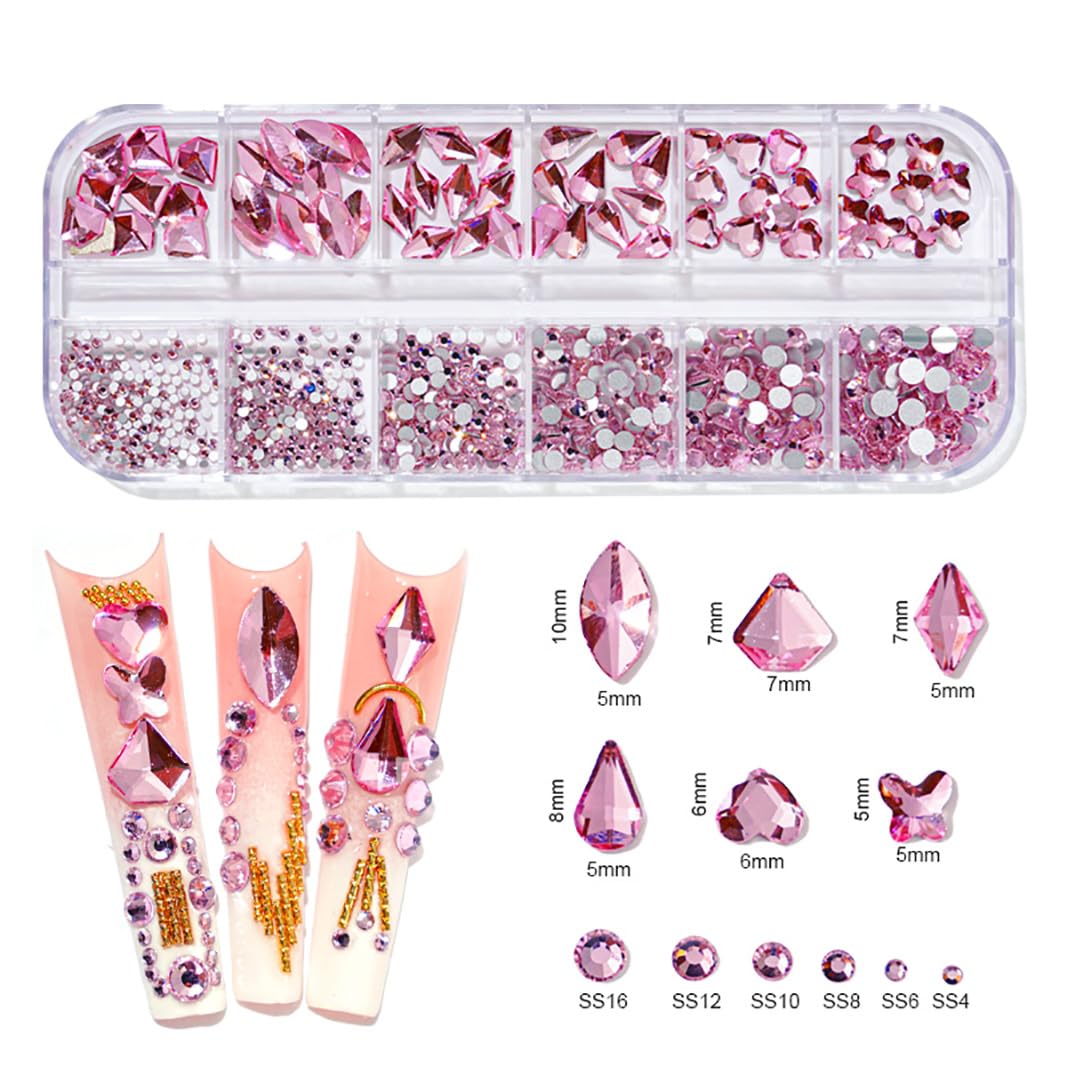 1620pcs Flat Back Rose AB Nail Rhinestones Pink Nail Rhinestones for Nails Round Beads Crystals Glass Gems Stones Multi Shapes Sizes Nail Rhinestones for Nail Face Art Clothes Shoes Bags DIY