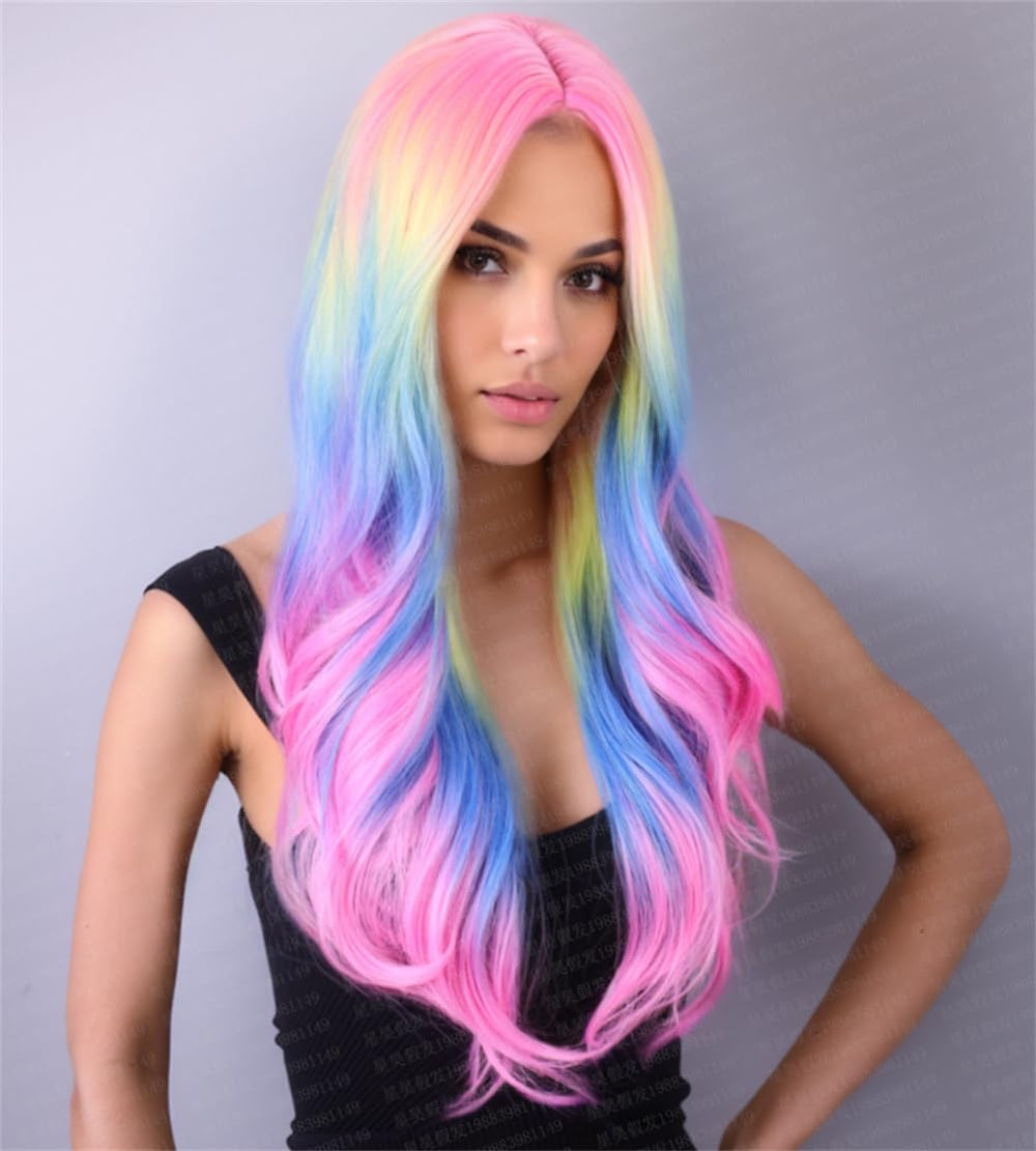 New 27.56'' Long Multicolor Wavy Gradient Spring Bouquet Cosplay Wig Rainbow Colorful Fiber Synthetic Wig For Women