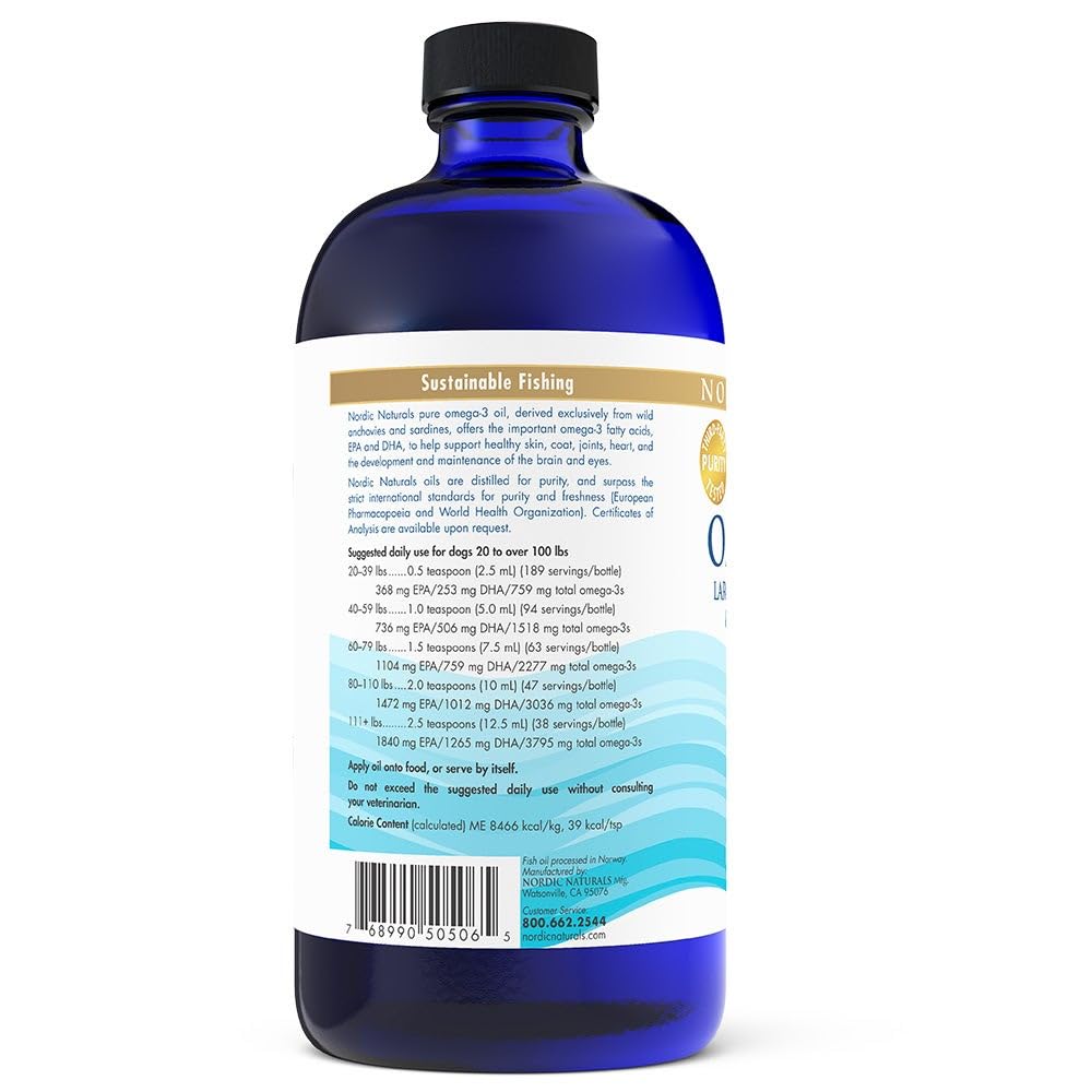 Omega-3 Pet, Unflavored - 16 oz - 1518 mg Omega-3 Per Teaspoon - Fish Oil for Large to Very Large Dogs with EPA &amp; DHA - Promotes Heart, Skin, Coat, Joint, &amp; Immune Health