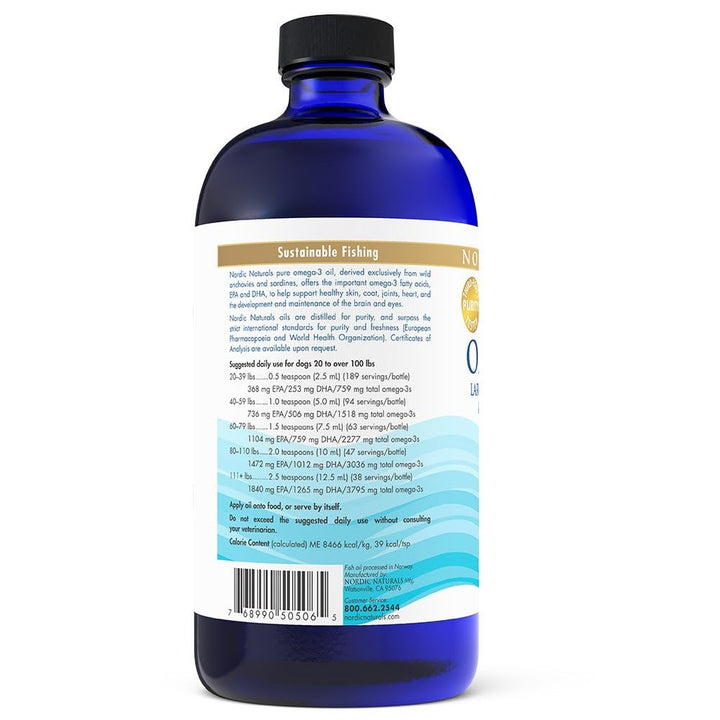 Omega-3 Pet, Unflavored - 16 oz - 1518 mg Omega-3 Per Teaspoon - Fish Oil for Large to Very Large Dogs with EPA &amp; DHA - Promotes Heart, Skin, Coat, Joint, &amp; Immune Health