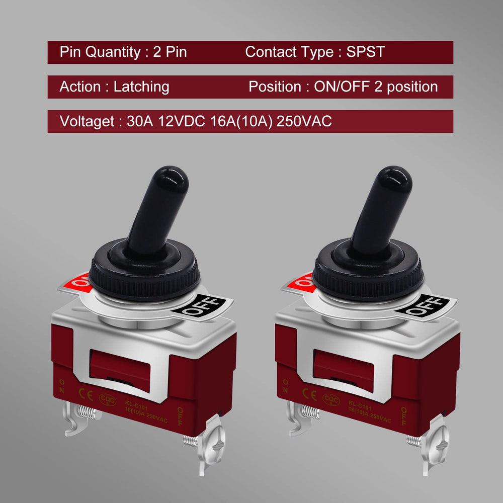 2Pcs Toggle Switch 12V 30A ON/Off 2 pin 2 Position SPST Waterproof Switch with Waterproof Cap Terminals for Auto Car Boat KL-C101