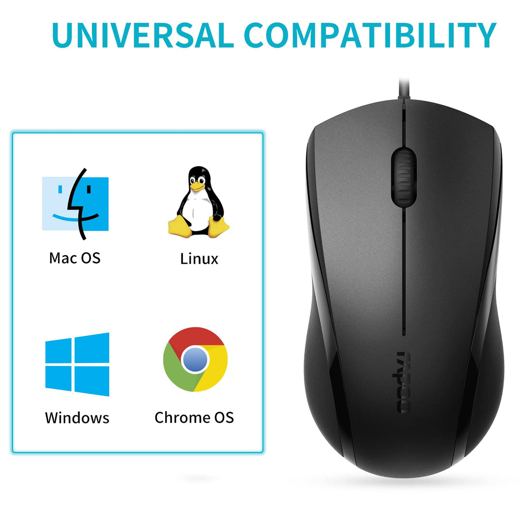 Rapoo Silent Wired Mouse, 1000 DPI 5ft Cord Quiet Butto
