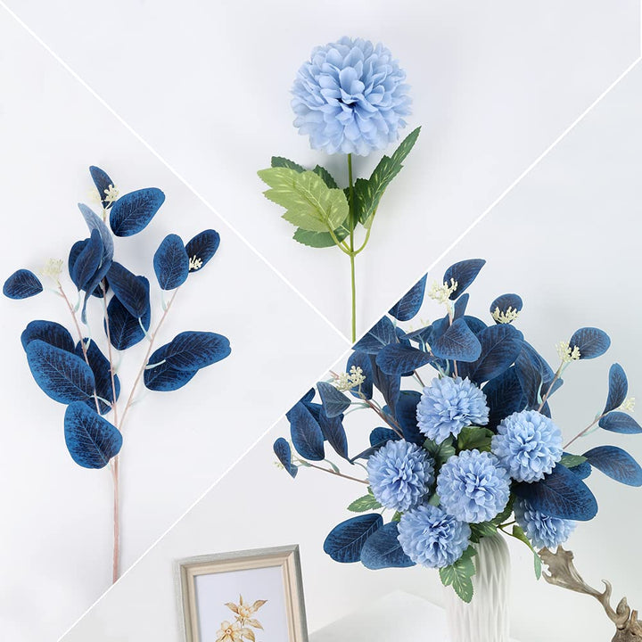 Blue Fake Flowers Bouquet Artificial Hydrangea Flowers Blue Chrysanthemum Silk Flowers for Fake Flower Arrangements Blue Decor Home Indoor Dining Table Decor (Without Vase, Dark Blue)
