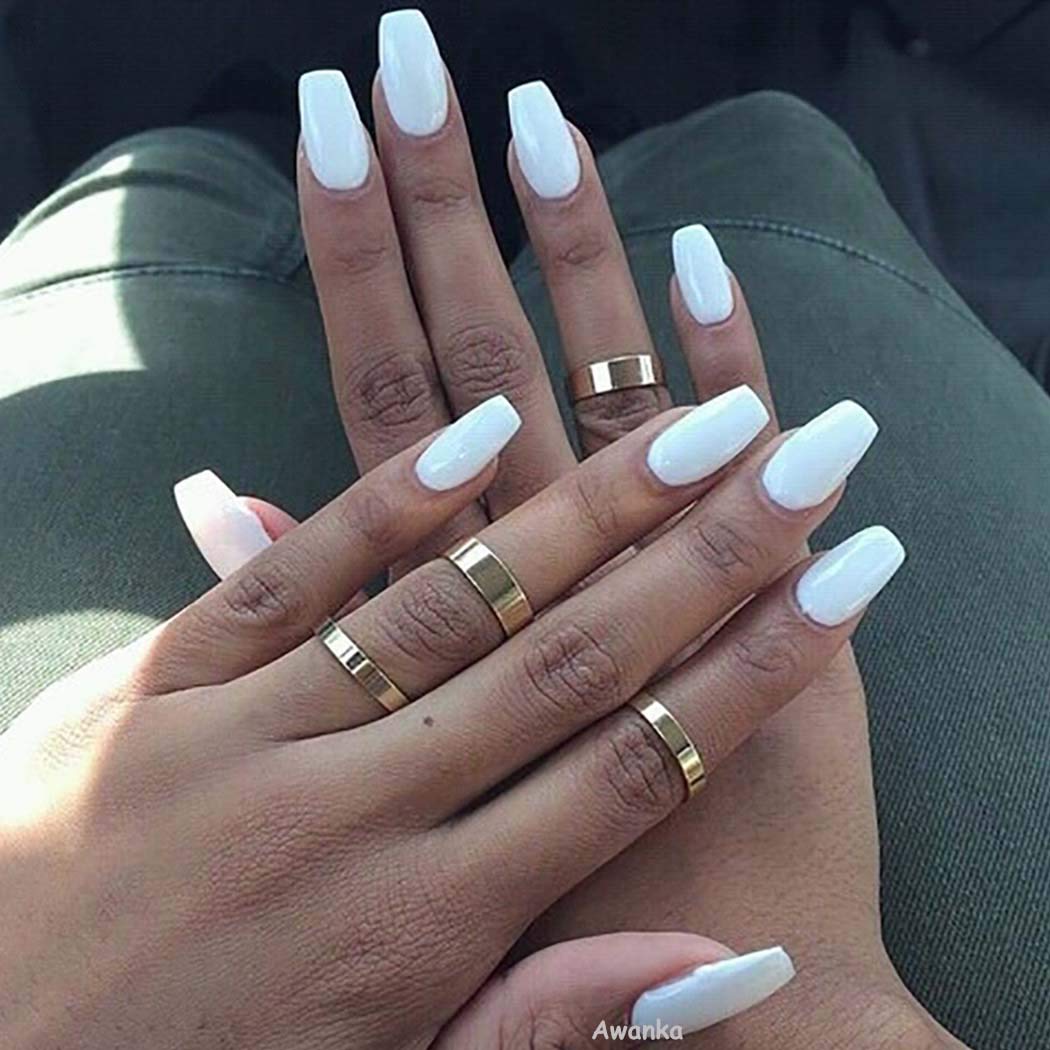 Awanka Coffin White Press on Nails Medium Length Fake Nails Ballerina Glossy False Nail Art Tips Artificial Stick on Nails Full Cover Instant Nails Acrylic Nails Manicure for Women and Girlsï¼Ë†24P