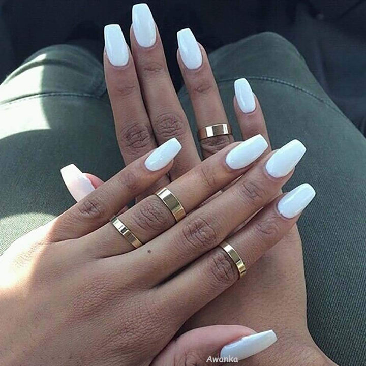 Awanka Coffin White Press on Nails Medium Length Fake Nails Ballerina Glossy False Nail Art Tips Artificial Stick on Nails Full Cover Instant Nails Acrylic Nails Manicure for Women and Girlsï¼Ë†24P