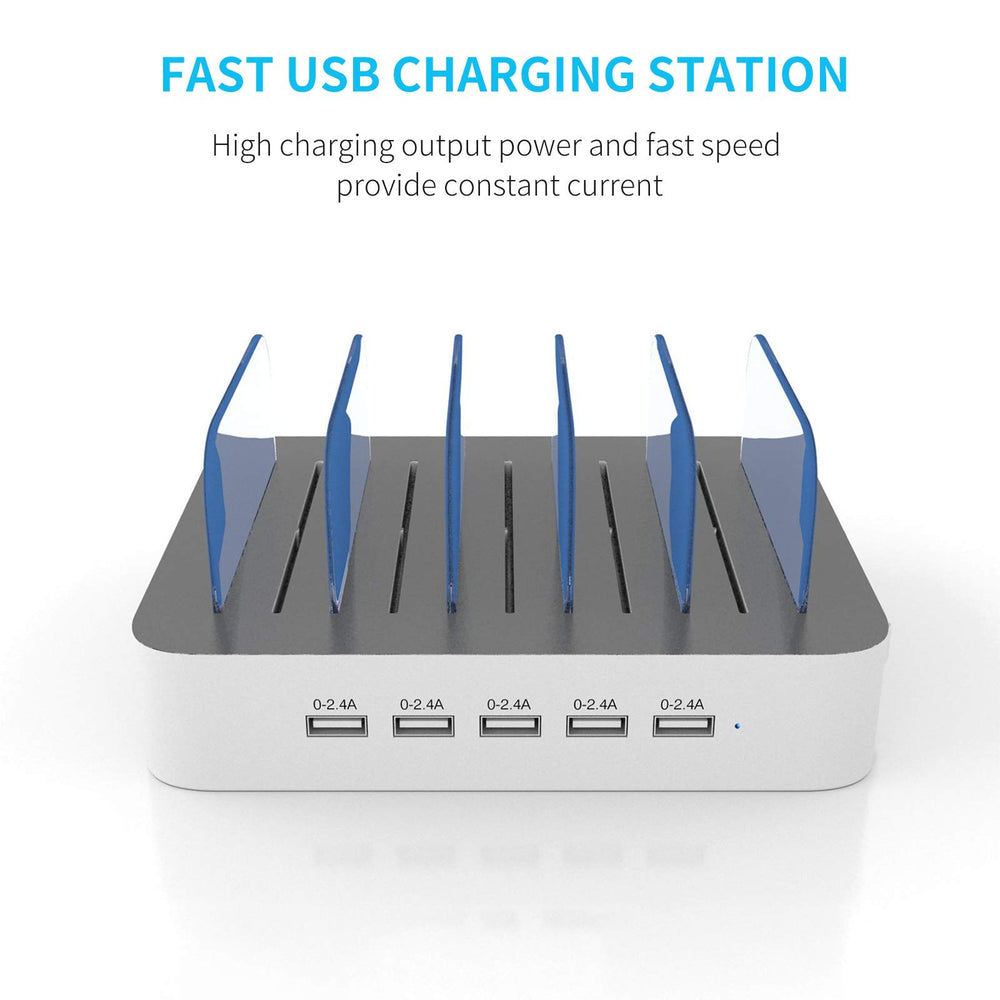 Charging Station for Multiple Devices, 5 Port Multi USB-A Charger Station with Power Switch Designed for iPhone iPad Cell Phone Tablets (White, 6 Mixed Short Cables Included)