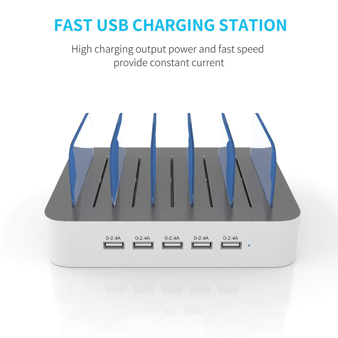 Charging Station for Multiple Devices, 5 Port Multi USB-A Charger Station with Power Switch Designed for iPhone iPad Cell Phone Tablets (White, 6 Mixed Short Cables Included)