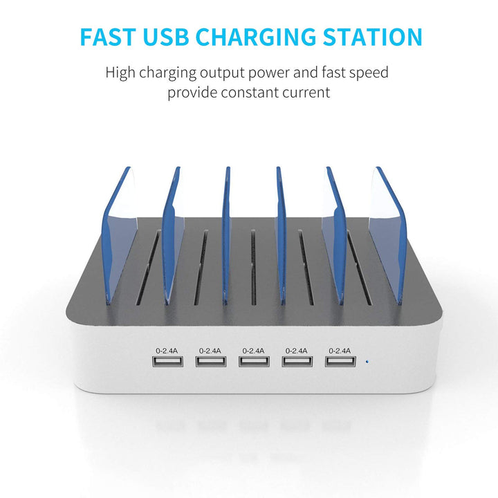 Charging Station for Multiple Devices, 5 Port Multi USB-A Charger Station with Power Switch Designed for iPhone iPad Cell Phone Tablets (White, 6 Mixed Short Cables Included)
