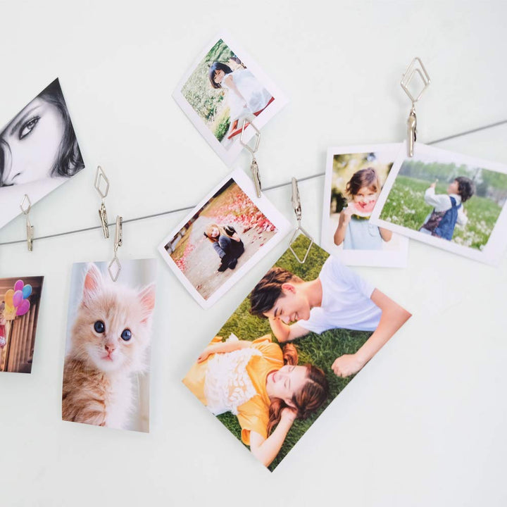 Multi-Purpose Steel Wall Hanging Photo Display Cable Wire Rod with 12 Adjustable Clips for Hanging Photos Notes Postcard and Artworks (Rhombus)