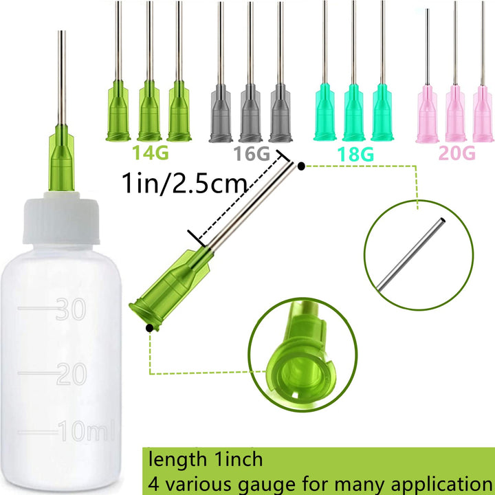 6 Pcs Glue Applicator Bottles, 30ml Plastic Squeezable Dropper Bottles with Blunt Needle Tip 14ga 16ga 18ga 20ga for Glue Applications, Paint Quilling Craft and Oil