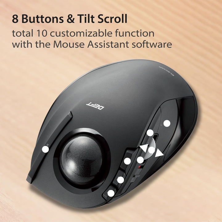 DEFT Trackball Mouse, 2.4GHz Wireless, Finger Control, 8-Button Function with Smooth Tracking, Ergonomic Design, Optical Gaming Sensor, Windows11, macOS (M-DT2DRBK)