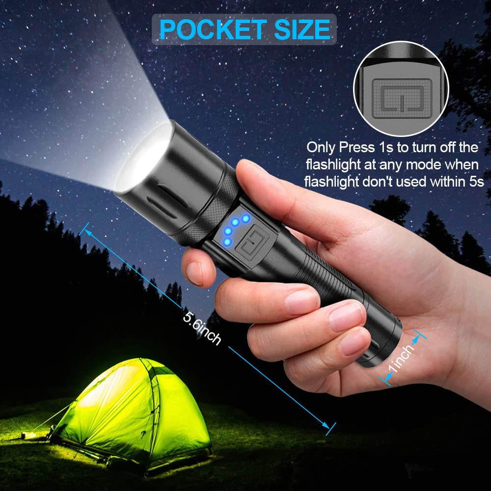 NO Battery Rechargeable Flashlight, 10000 High Lumen Tactical Flashlight, IPX7 Waterproof, Zoomable, 5 Modes Handheld Flashlights for Camping Dog Walking Emergency 2 Pack