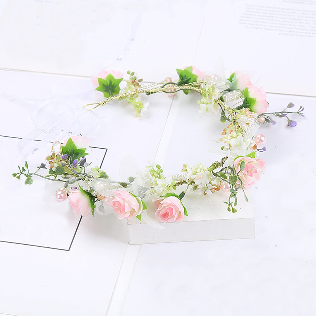 Boho Flower Headband Hair Wreath Floral Garland Crown Halo Headpiece with Ribbon Wedding Festival Party