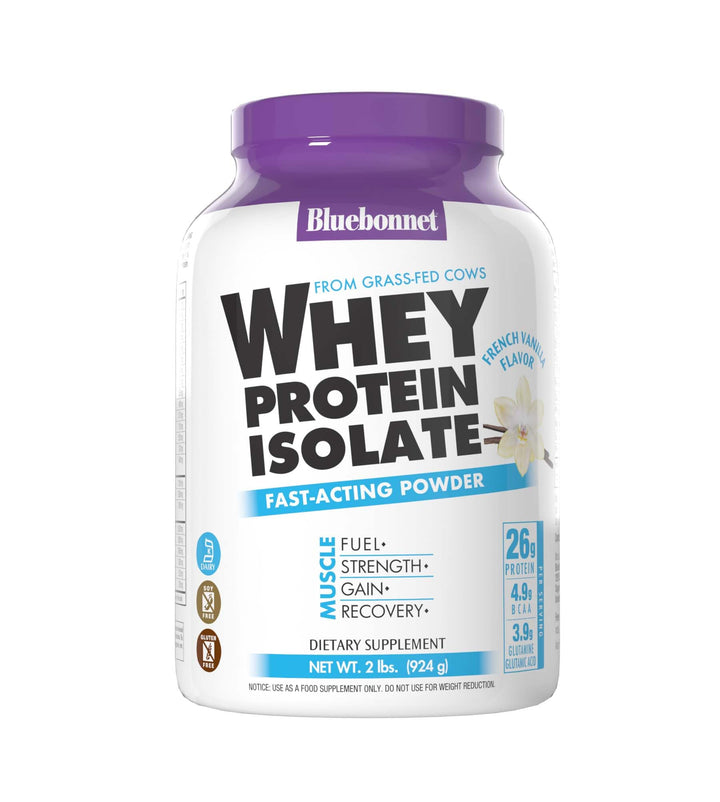 BlueBonnet Nutrition Whey Protein Isolate Powder From Grass Fed Cows, 26g of Protein, No Sugar Added, Gluten &amp; Soy free, kosher Dairy, 2 Lbs, 28 Servings, French Vanilla Flavor