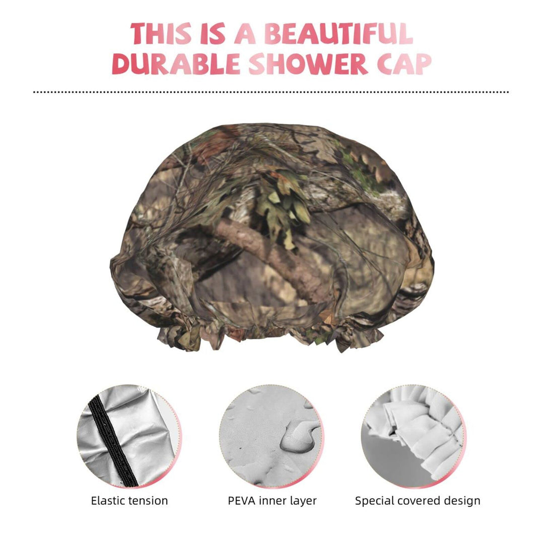 camo forest hunting camouflage Shower cap for women reusable double layers waterproof shower Hair Protector PEVA lined shower hat for all long hair lengths, stretchy adjustable shower caps