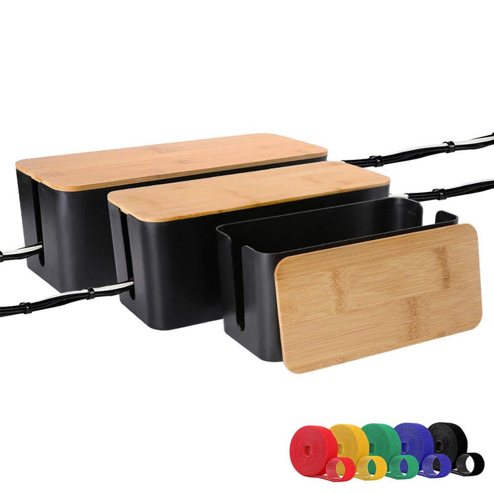 [Set of Three] Cable Management Organizer Box, Large Storage Bamboo Lid Wires Concealer Holder for Home, Office, TV, Computer, Great to Cover Hide Tidy Surge Protector Power Strips &amp; Cord (Black)