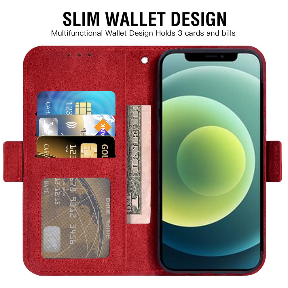 Compatible with iPhone 12 Pro iPhone12 6.1 Wallet Case and Tempered Glass Screen Protector Leather Flip Cover Card Holder Lanyard Stand Cell Phone Cases for iPhone12pro 5G i 12s iPhone12 12pro Red