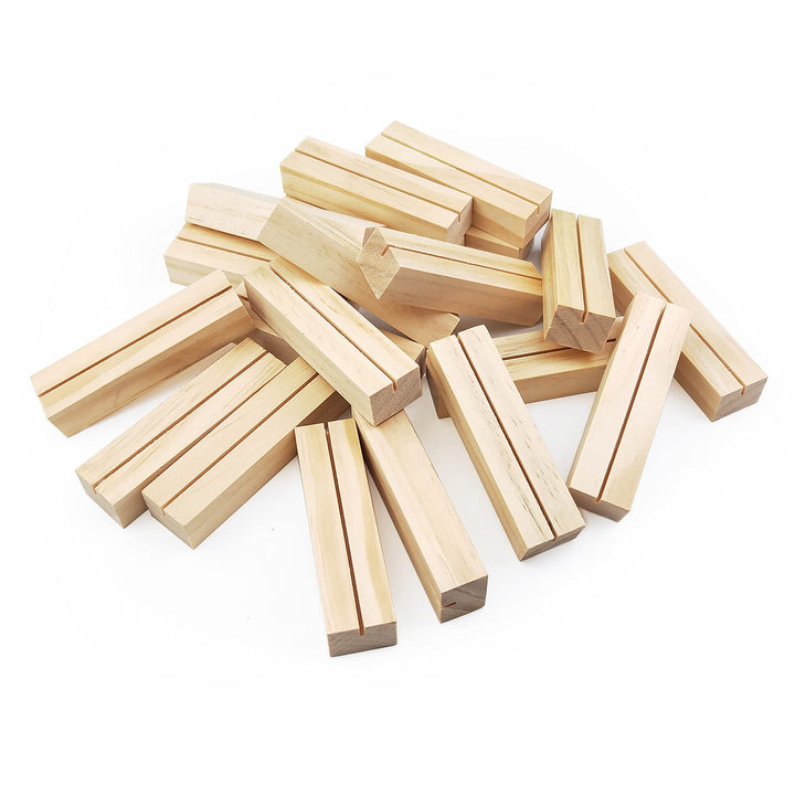 20 Pack Wood Sign Holder Wood Block Stand Holder Wooden Menu Stand Holder Photo Stand Place Card Holder Picture Table Display Stand Small Wooden Base Table Number Holders