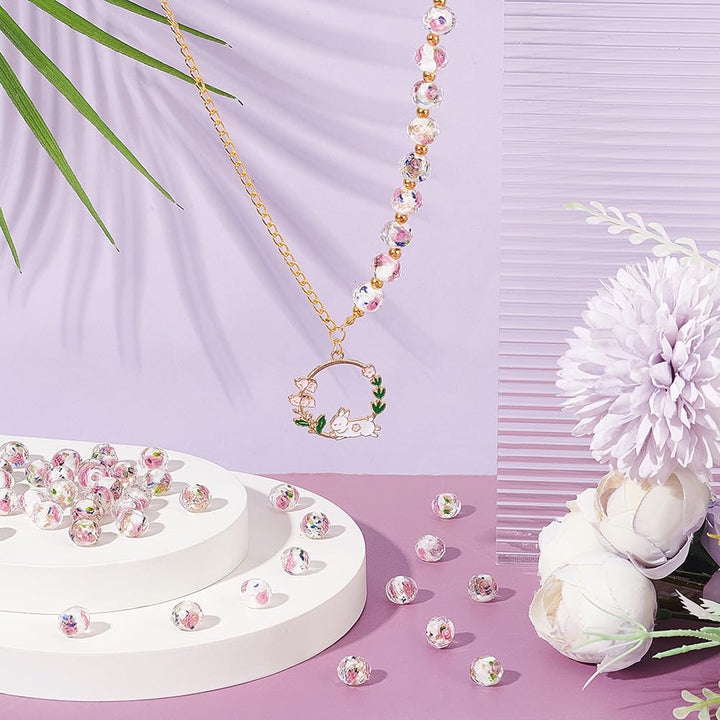 60pcs 9~10mm Rose Lampwork Beads Gold Sand Glass Beads Handmade Flower Glass Beads Round Loose Beads for Rosary Making Jewelry Craft Making with 1.5~2mm Hole - White