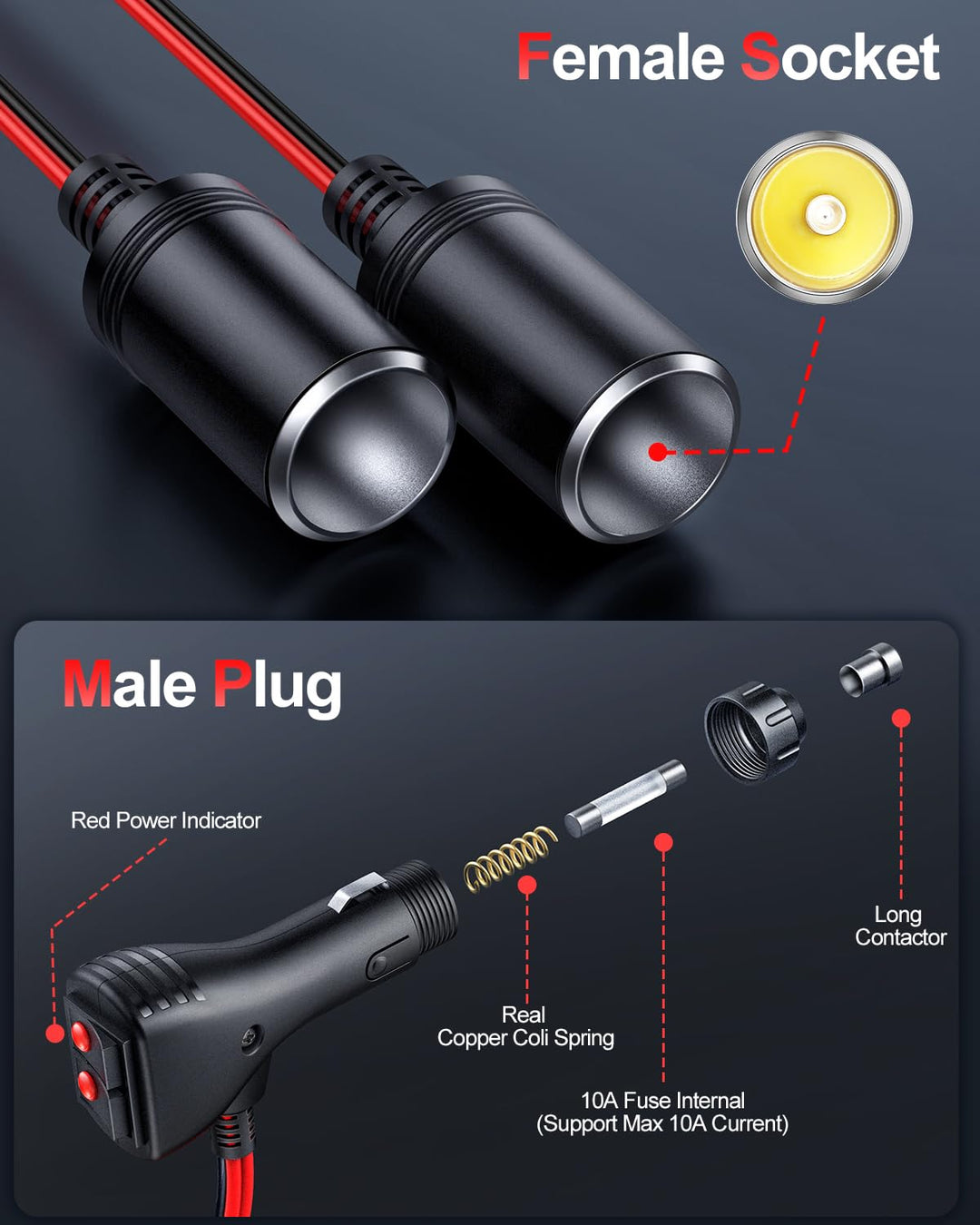 Car Cigarette Lighter Splitter Adapter 2 Socket, 1 to 2 DC 12V 24V Cigarette Lighter Power Charger Port 2-Way Splitter, 5 inch 16AWG Extension Cord Cable UL Wire with 15A Fuses