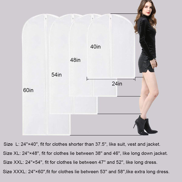 Garment Bags for Long Dresses,60in Clear Hanging Lightweight White Breathable Dust Proof Covers with Study Full Zipper for Clothes Storage Closet Pack of 6