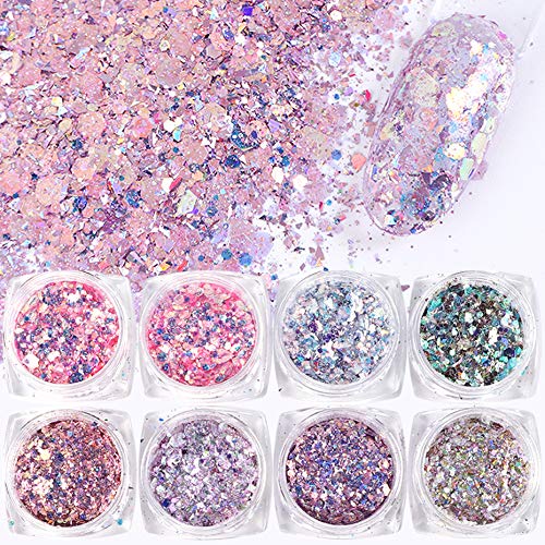8 Boxes/Set Holographic Nail Glitter Mermaid Powder Flakes Shiny Charms Hexagon Nail Art Pigment Dust Decoration Manicure