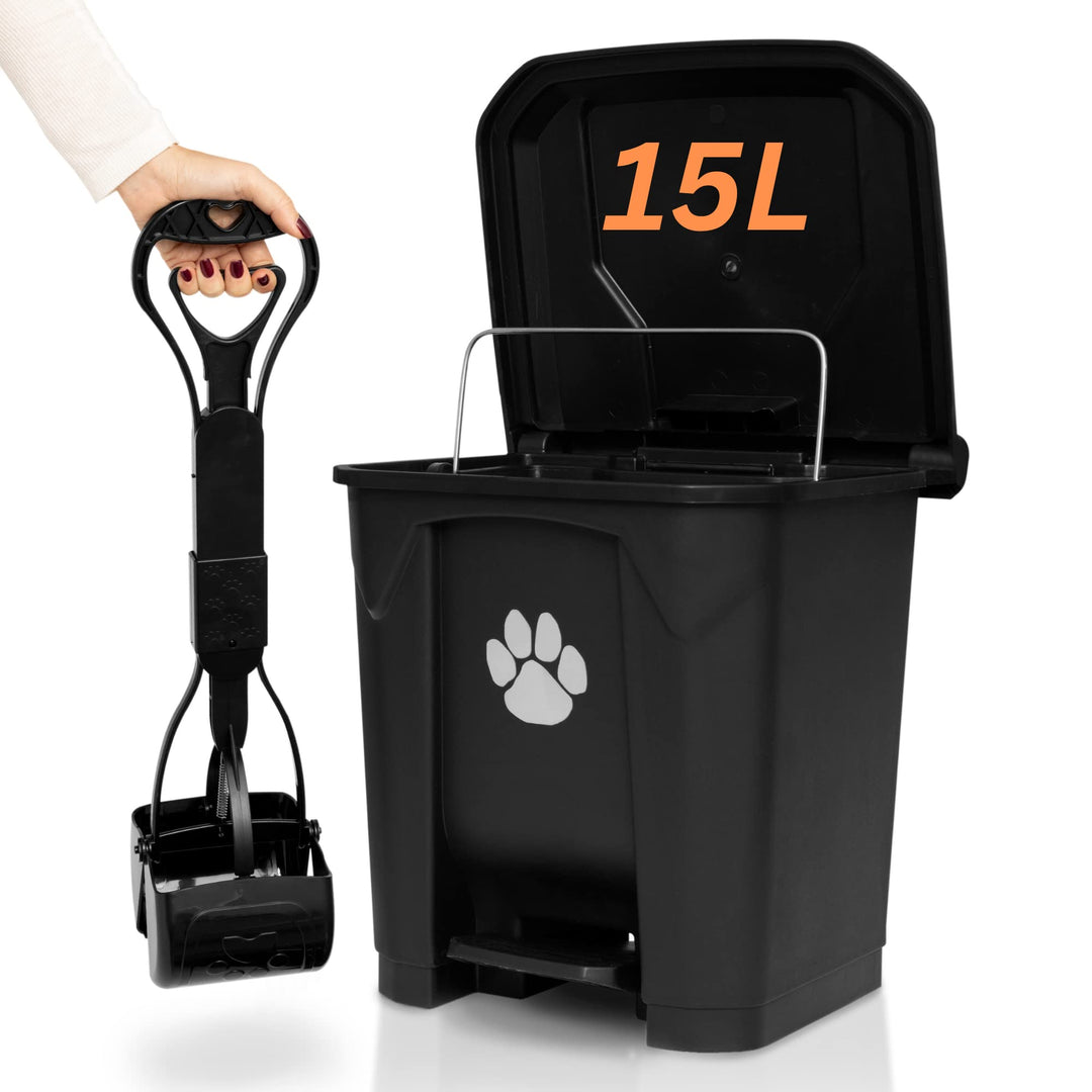 USA Fully Assembled Outdoor Dog Poop Trash Can with Lid and Removable Inner Waste Bin. Includes Long Handle Claw Pooper Scooper. A Portion of Every Sale Donated to Help Animals in Need.