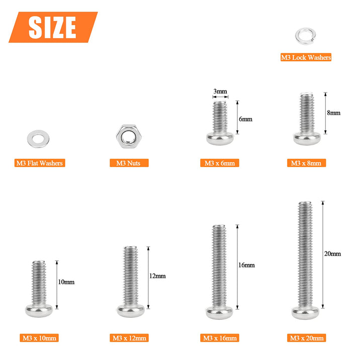 500 Pieces M3 x 6mm /8mm /10mm /12mm /16mm /20mm, Phillips Pan Head Machine Screws, Metric Screws Bolts Washers Nuts Kit, 304 Stainless Steel