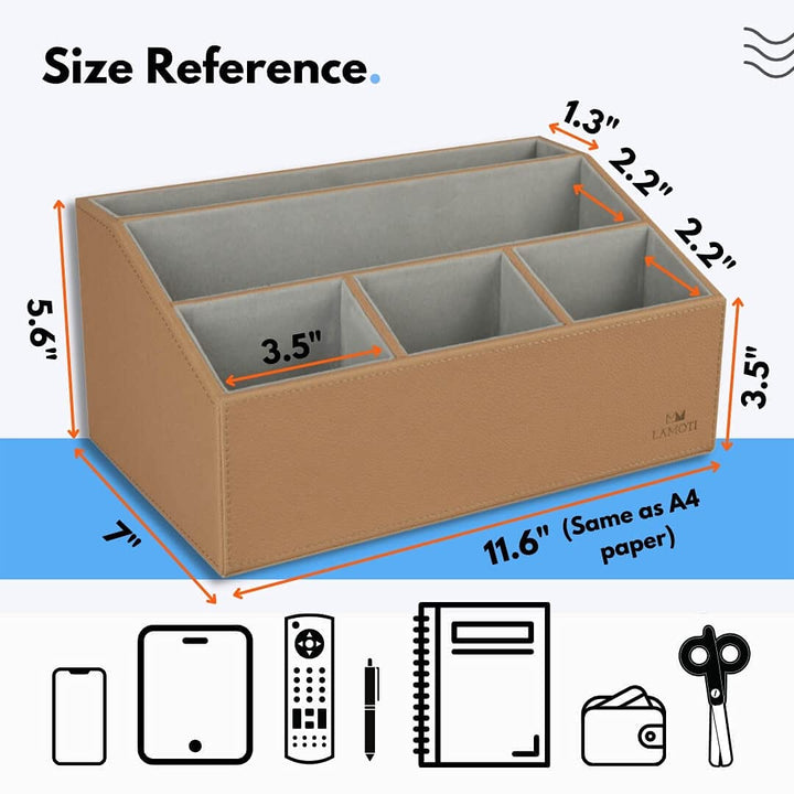 Leather Desk Organizer with a 4 Coaster, Large Capacity 5 Compartments Desktop Unifier, Handcrafted (Black)